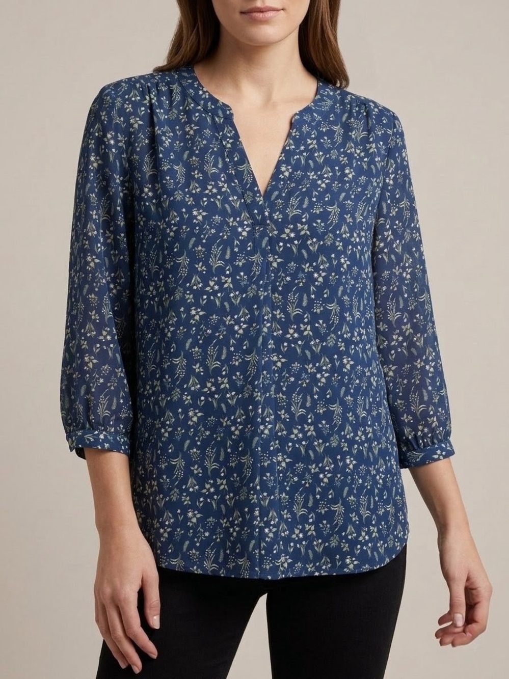 JACHS Split Neck Lightweight 3/4 Sleeve Blouse Floral Navy Size M